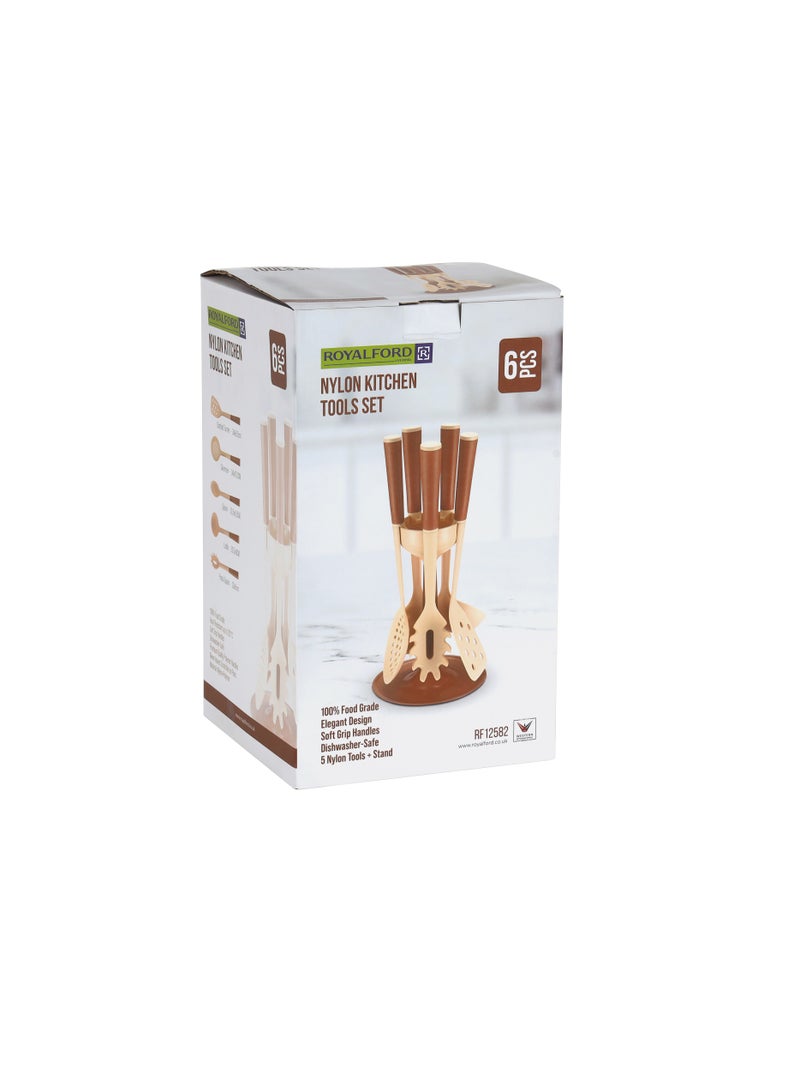 Royalford 6-piece Nylon Kitchen Tools Set- RF12582/ with Holder, Heat-Resistant, Includes Ladle, Spoon, Skimmer, Pasta, Spoons, Slotted Turner/ Ergonomic, Anti-Slip Handle Multicolor