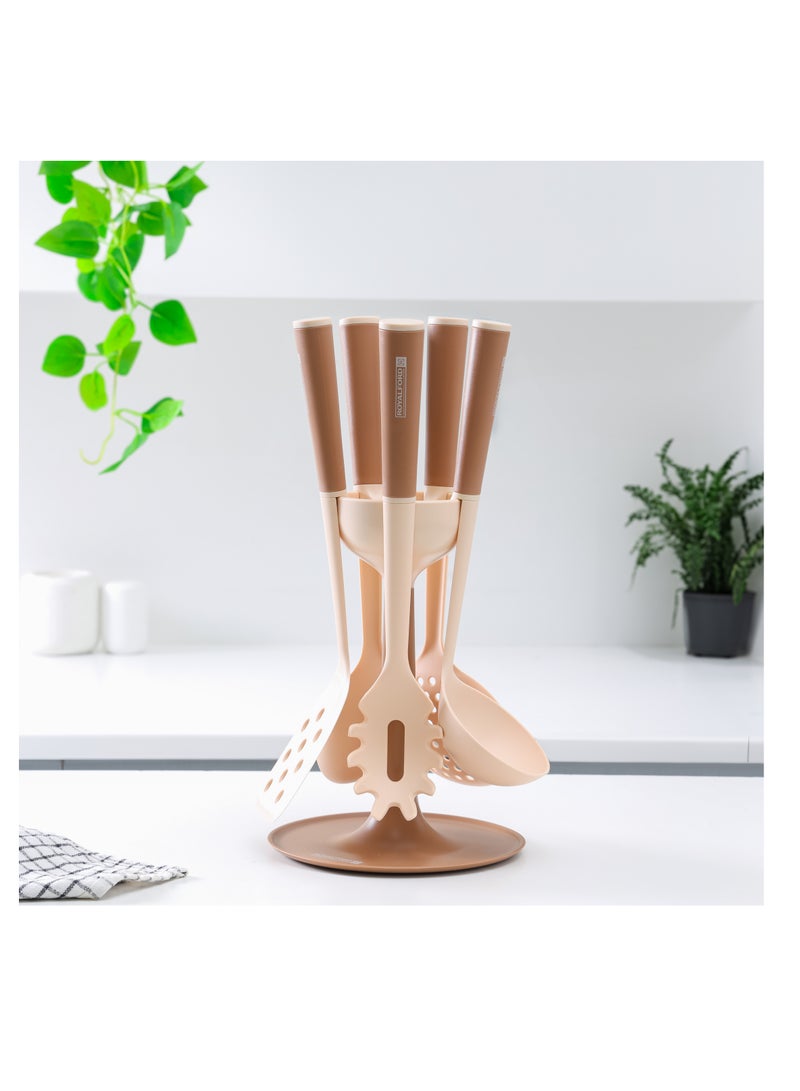Royalford 6-piece Nylon Kitchen Tools Set- RF12582/ with Holder, Heat-Resistant, Includes Ladle, Spoon, Skimmer, Pasta, Spoons, Slotted Turner/ Ergonomic, Anti-Slip Handle Multicolor