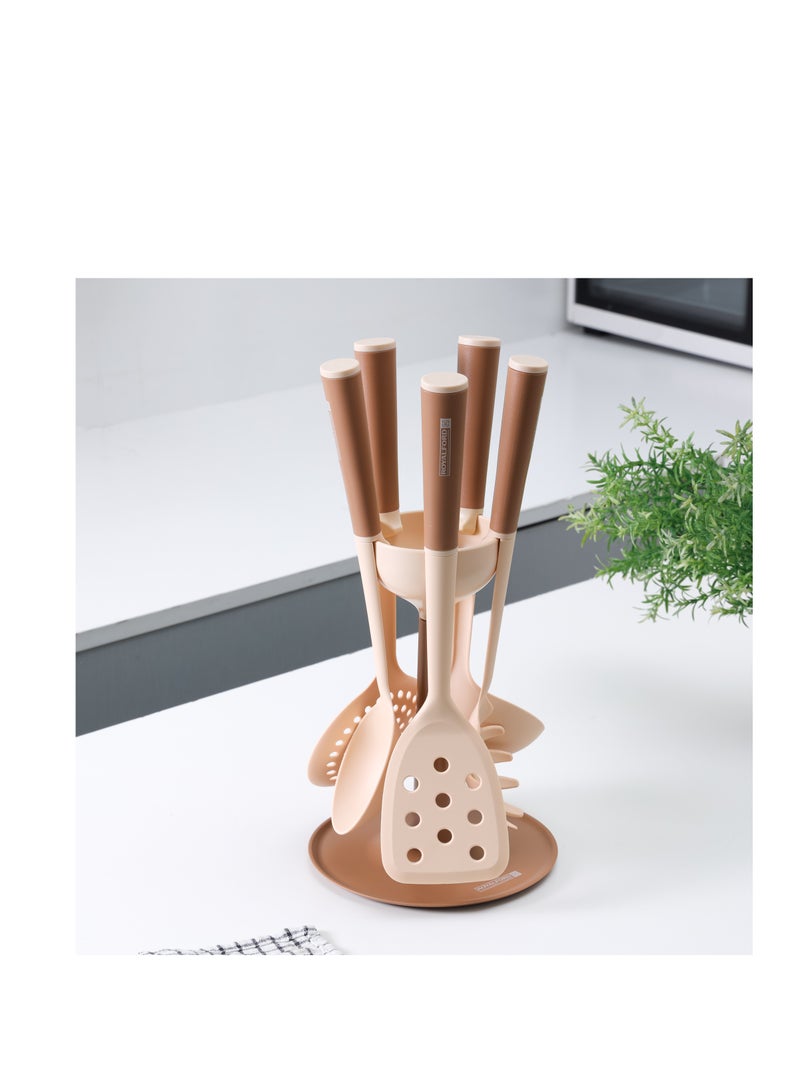 Royalford 6-piece Nylon Kitchen Tools Set- RF12582/ with Holder, Heat-Resistant, Includes Ladle, Spoon, Skimmer, Pasta, Spoons, Slotted Turner/ Ergonomic, Anti-Slip Handle Multicolor
