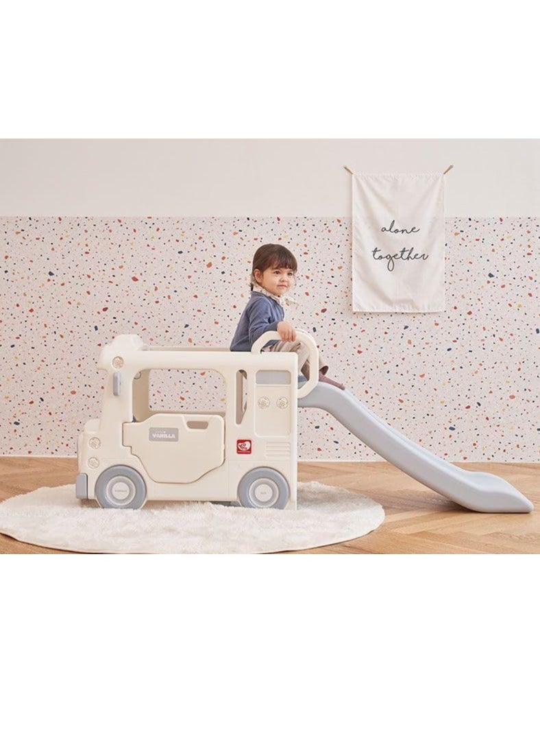 YaYa Y2008 Vanilla Compact Bus Slide for Kids – Indoor & Outdoor Playset for Kids, Safe Play Area, Handrails, Lights & Sounds, Toddler Slide & Playhouse, White
