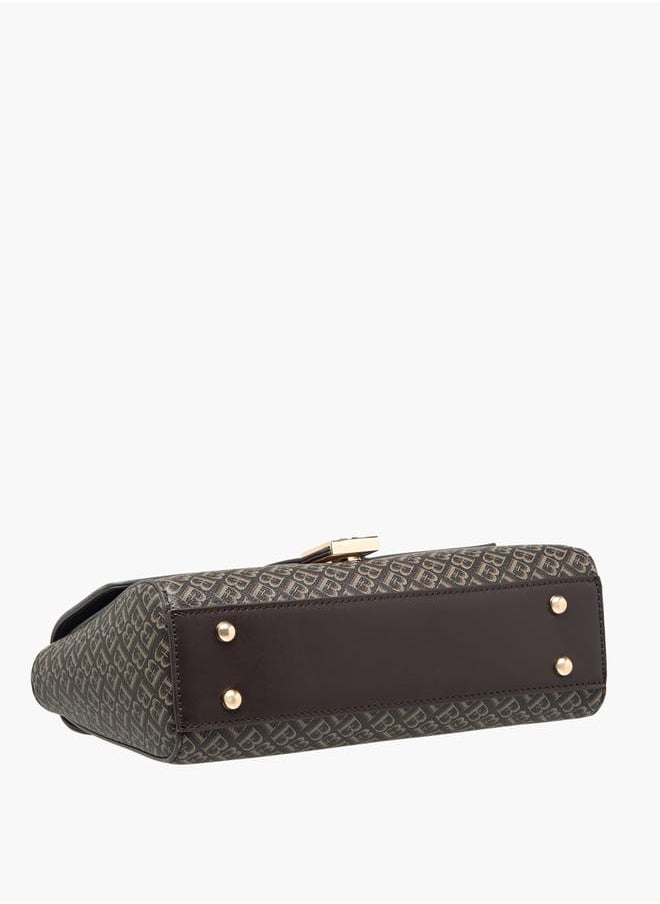 Women Monogram Print Satchel Bag with Handle and Flap Closure