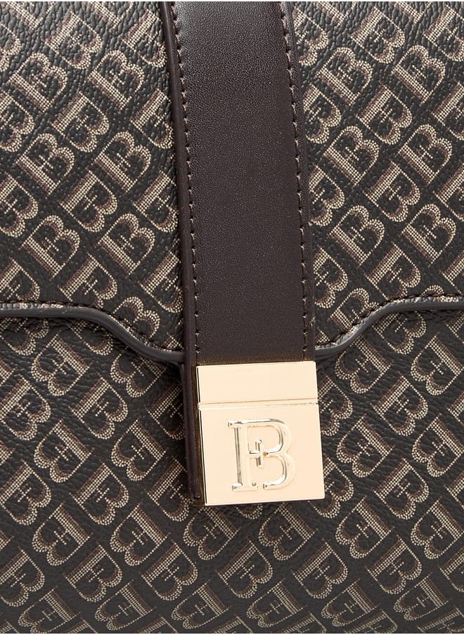 Women Monogram Print Satchel Bag with Handle and Flap Closure