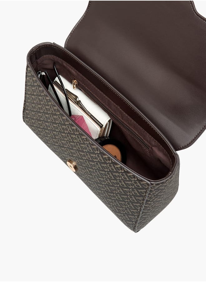 Women Monogram Print Satchel Bag with Handle and Flap Closure
