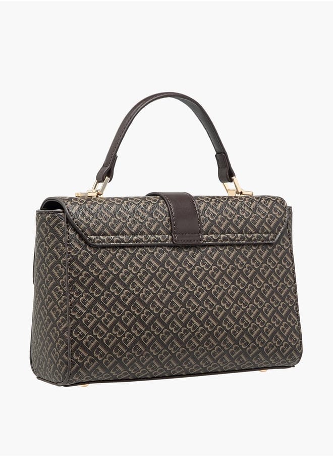 Women Monogram Print Satchel Bag with Handle and Flap Closure