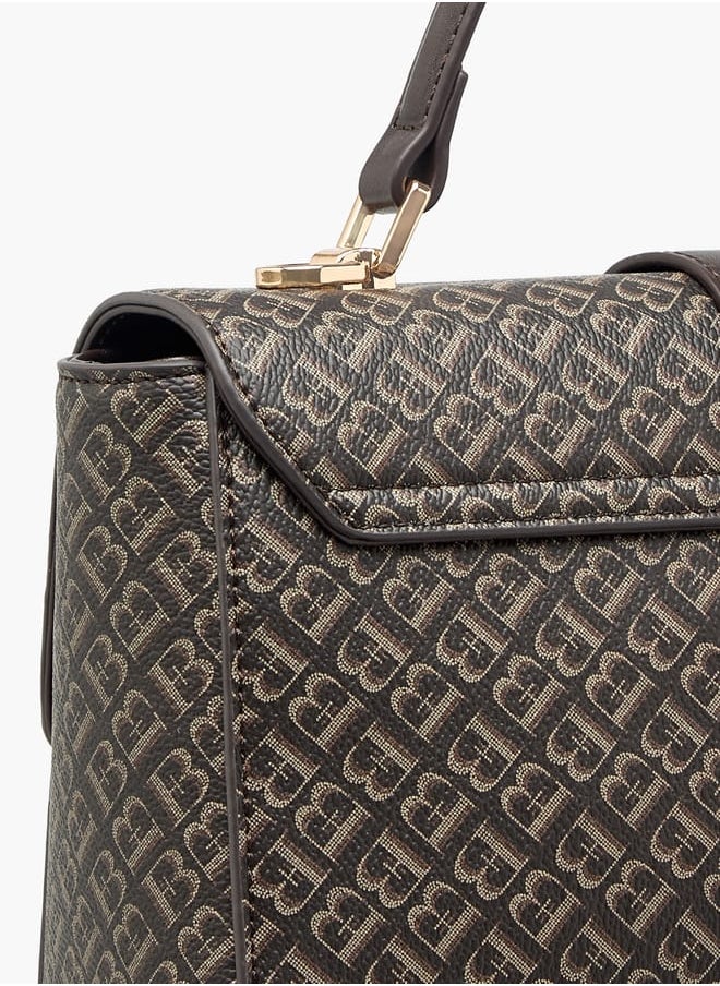 Women Monogram Print Satchel Bag with Handle and Flap Closure