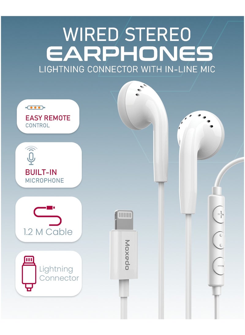 Moxedo Wired Stereo Earphones with In-Line Remote, Built-in Microphone Compatible for iPhone 14/13/12/11 Pro Max/X/XS Max/XR (White)
