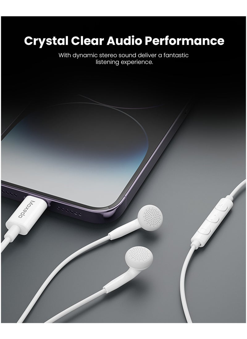 Moxedo Wired Stereo Earphones with In-Line Remote, Built-in Microphone Compatible for iPhone 14/13/12/11 Pro Max/X/XS Max/XR (White)