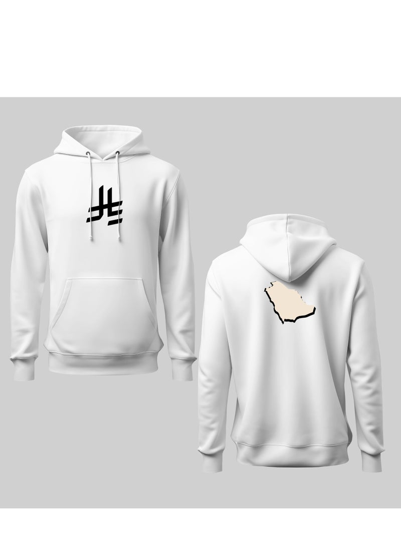 White Hoodie with Saudi Arabia Currency Symbol and Map Print, Comfortable and Stylish Sweatshirt, Ideal for Casual Wear and Gifts