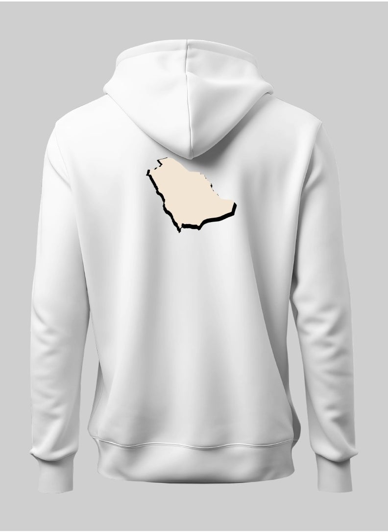 White Hoodie with Saudi Arabia Currency Symbol and Map Print, Comfortable and Stylish Sweatshirt, Ideal for Casual Wear and Gifts