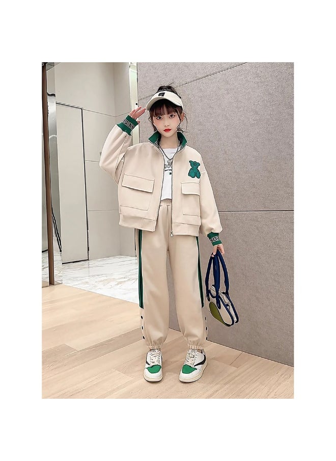 Casual Green Teddy & Cream 2Pcs Track Suit Set For Kids & Tweens