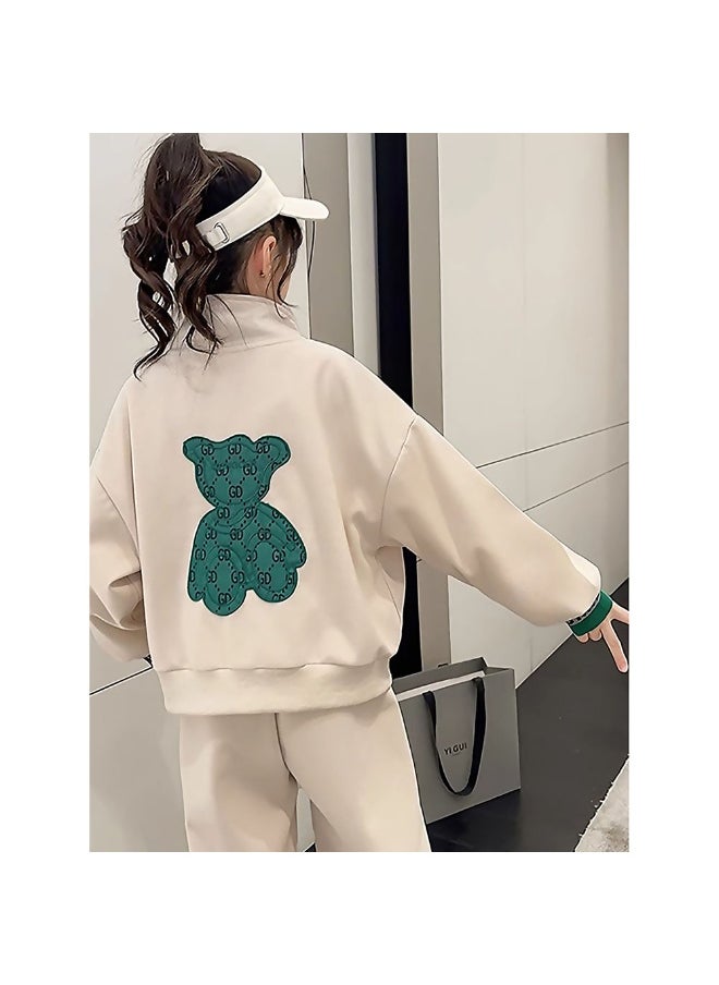Casual Green Teddy & Cream 2Pcs Track Suit Set For Kids & Tweens