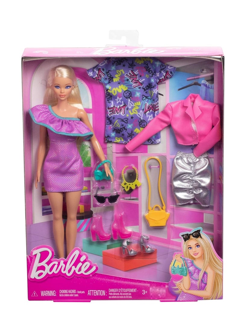 ​Barbie Doll With Clothes And Accessories, Blonde Hair And 3 Party-Themed Mix-And-Match Outfits Including Dresses, Purses And Heels