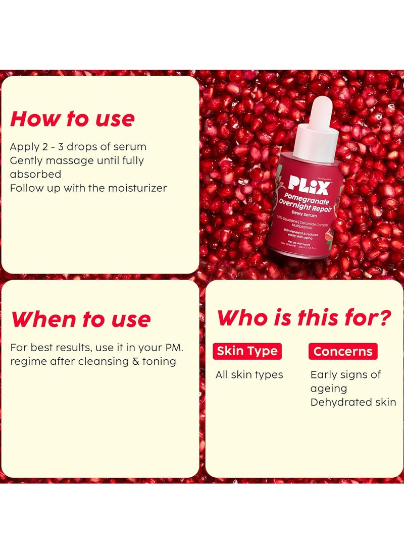 Pomegranate Overnight Repair Dewy Serum (30ml) for Ageless Younger Skin | Reduce Fine Lines & Wrinkles | Collagen Boosting, Hydrating Serum for Women & Men | Anti-ageing