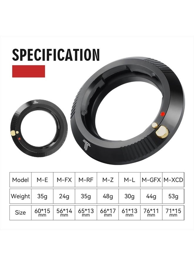 TTArtisan M to Sony E Mount Adapter Lens Converter Ring Compatible with A7 A7II A7III A7IV A7R A7RII A7RIII A7RIV A7RV A7S A7SII A7SIII A7C A9 A9II A1 A9III A1II ZV-E1 A7C2 A7CR