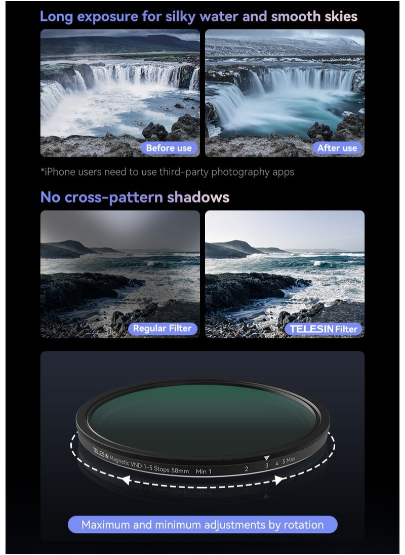 Magnetic Phone Case with VND 5-Stop Adjustable ND Filter + CPL Filter for iPhone 15 Pro Max | Professional Lens Attachment | High Transparency, Scratch-Resistant, Ultra-Thin Design