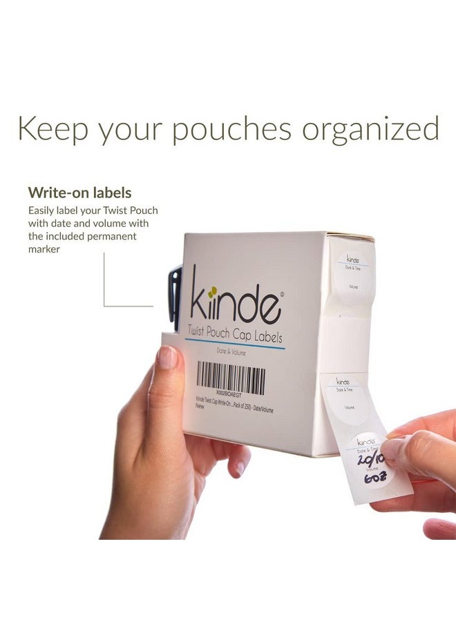 Twist Cap Single-Use Write-On Labels For Breast Milk And Baby Food Storage Pouches (Pack Of 250) - Includes Label Dispenser With Marker And Marker Holder - Date/Volume