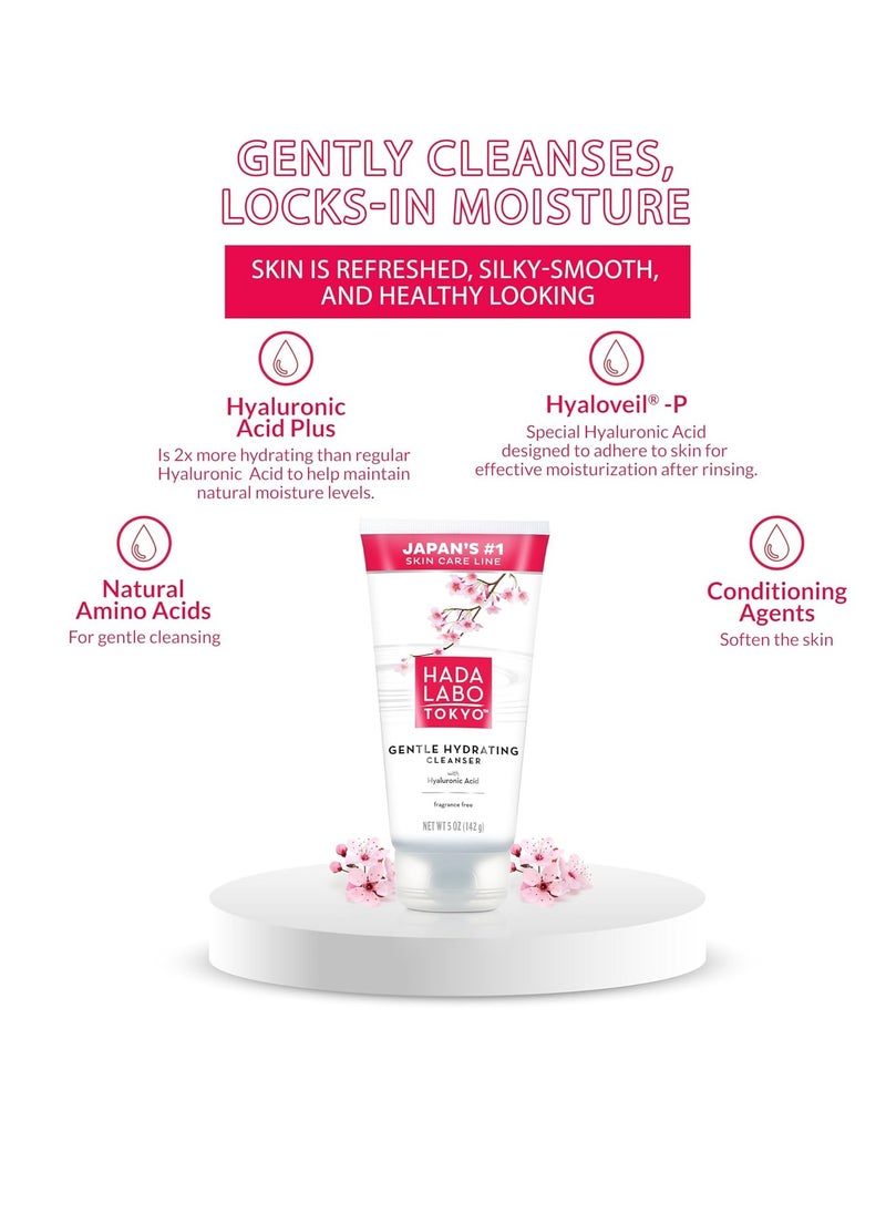 Hada Labo Tokyo Gentle Hydrating Foaming Facial Cleanser, Fragrance-Free Sensitive Skin Face Wash with Hyaluronic Acid and Conditioning Agents Soften Skin, Locks In Moisture, 5.0 Oz