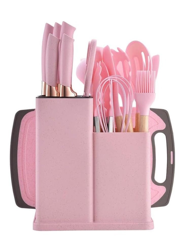 Silicone Cooking Utensils, Non-stick Kitchen Utensil Set, Wooden Handle Non Toxic BPA Free Kitchen Utensil Set 19 Piece  Cooking Tools Kit Includes Knives, Spatulas, Spoons, Ladles for Professional Chefs or Home Cooks(Pink)