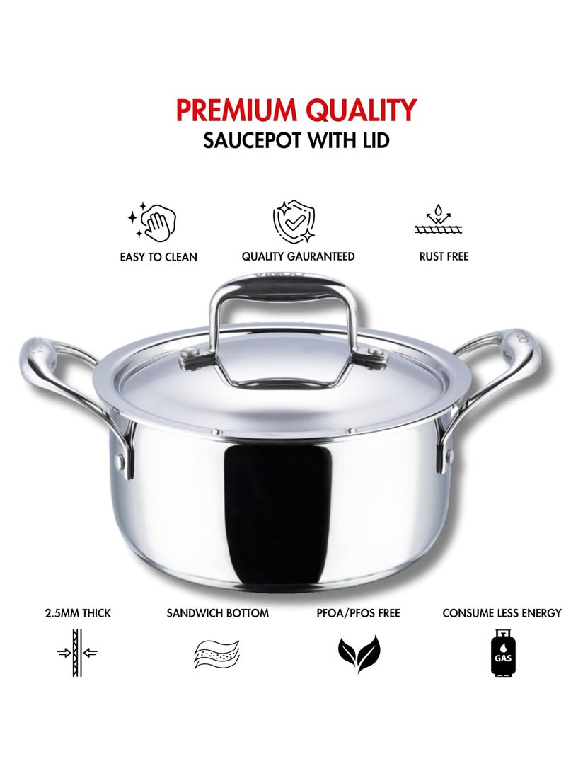 Vinod Platinum Triply Stainless Steel Saucepot with Lid- 26 cm, 6.8 Litre, Silver (Induction Friendly, Non Stick)