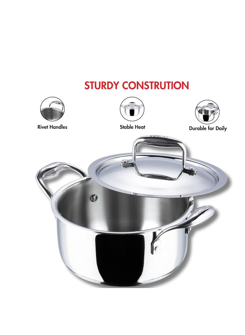 Vinod Platinum Triply Stainless Steel Saucepot with Lid- 26 cm, 6.8 Litre, Silver (Induction Friendly, Non Stick)