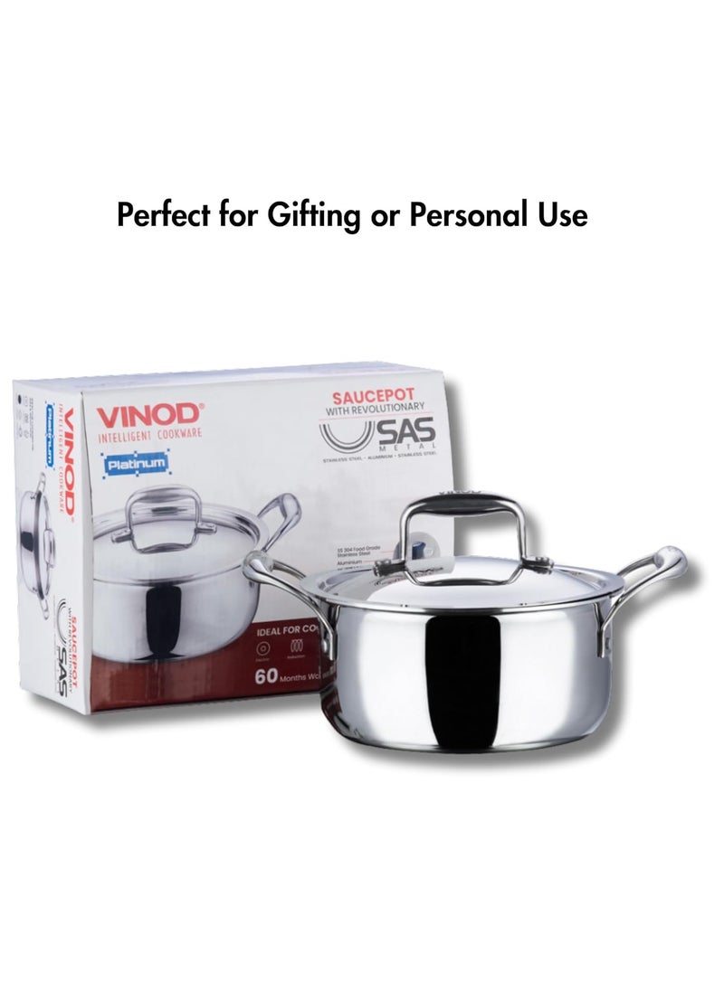 Vinod Platinum Triply Stainless Steel Saucepot with Lid- 26 cm, 6.8 Litre, Silver (Induction Friendly, Non Stick)