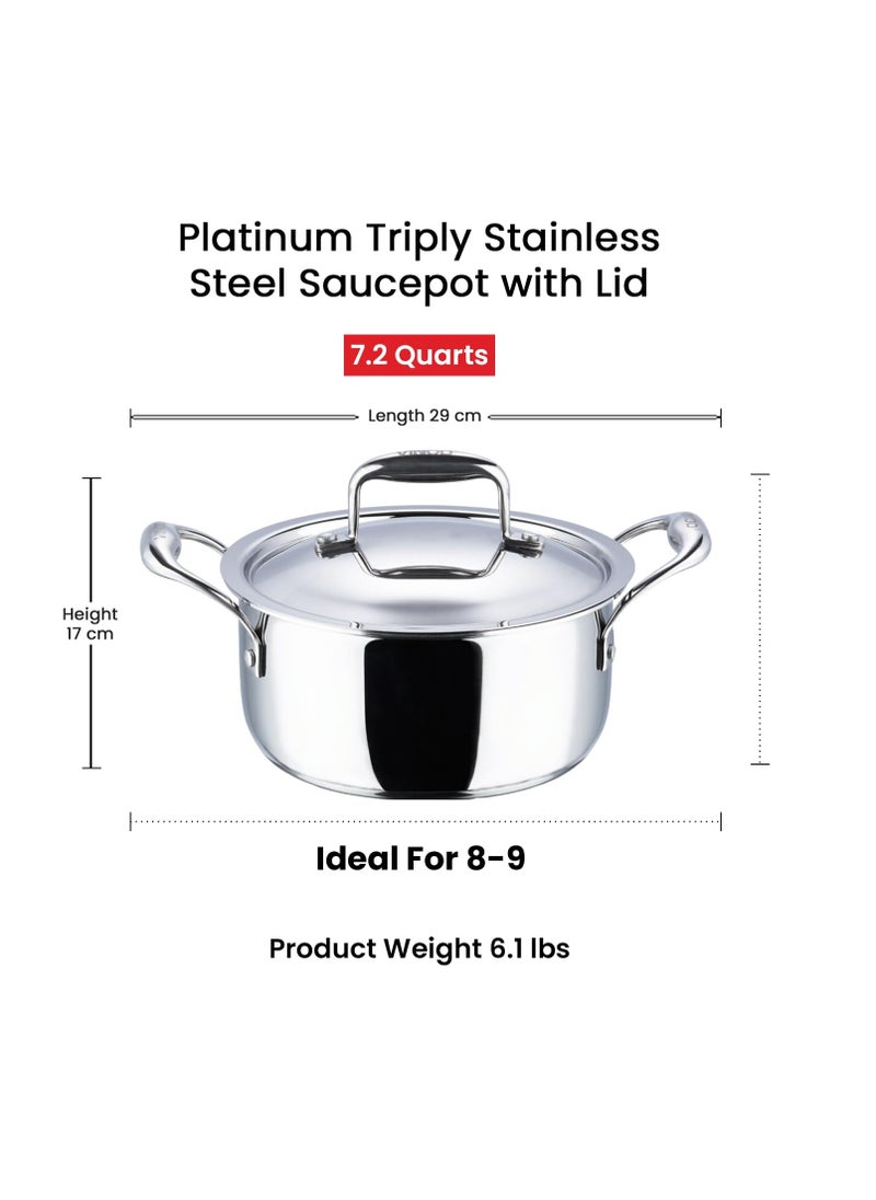Vinod Platinum Triply Stainless Steel Saucepot with Lid- 26 cm, 6.8 Litre, Silver (Induction Friendly, Non Stick)