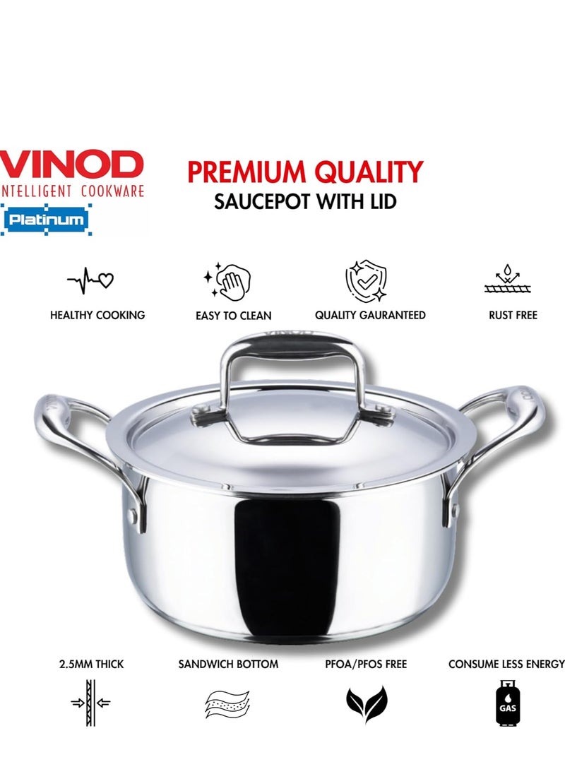 Vinod Platinum Triply Stainless Steel Saucepot with Lid - 20 cm, 3 L, 2.5mm Thickness, Silver (Induction Friendly)