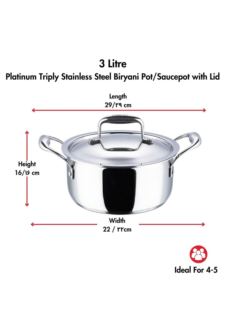 Vinod Platinum Triply Stainless Steel Saucepot with Lid - 20 cm, 3 L, 2.5mm Thickness, Silver (Induction Friendly)