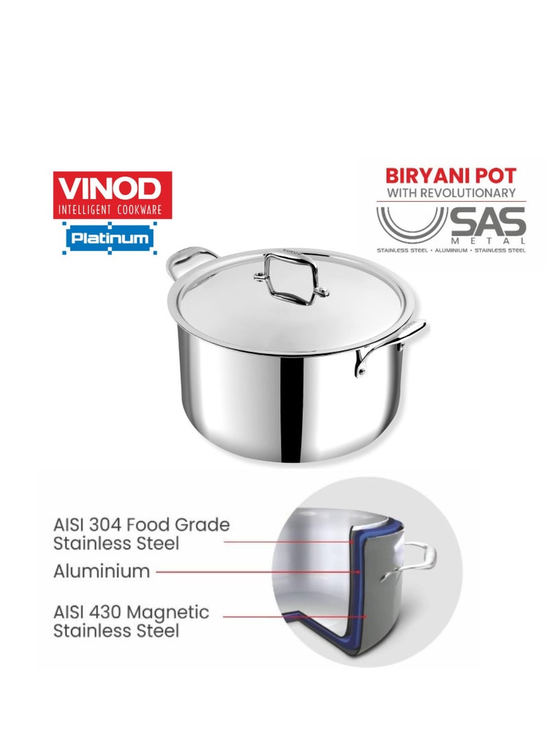Vinod Platinum Triply Stainless Steel Biryani/Sauce Pot with Lid - 11 Liters, 30 cm, Silver