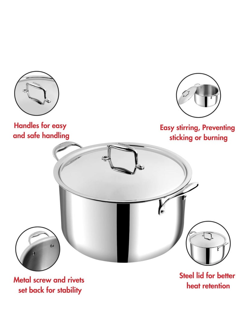 Vinod Platinum Triply Stainless Steel Biryani/Sauce Pot with Lid - 11 Liters, 30 cm, Silver