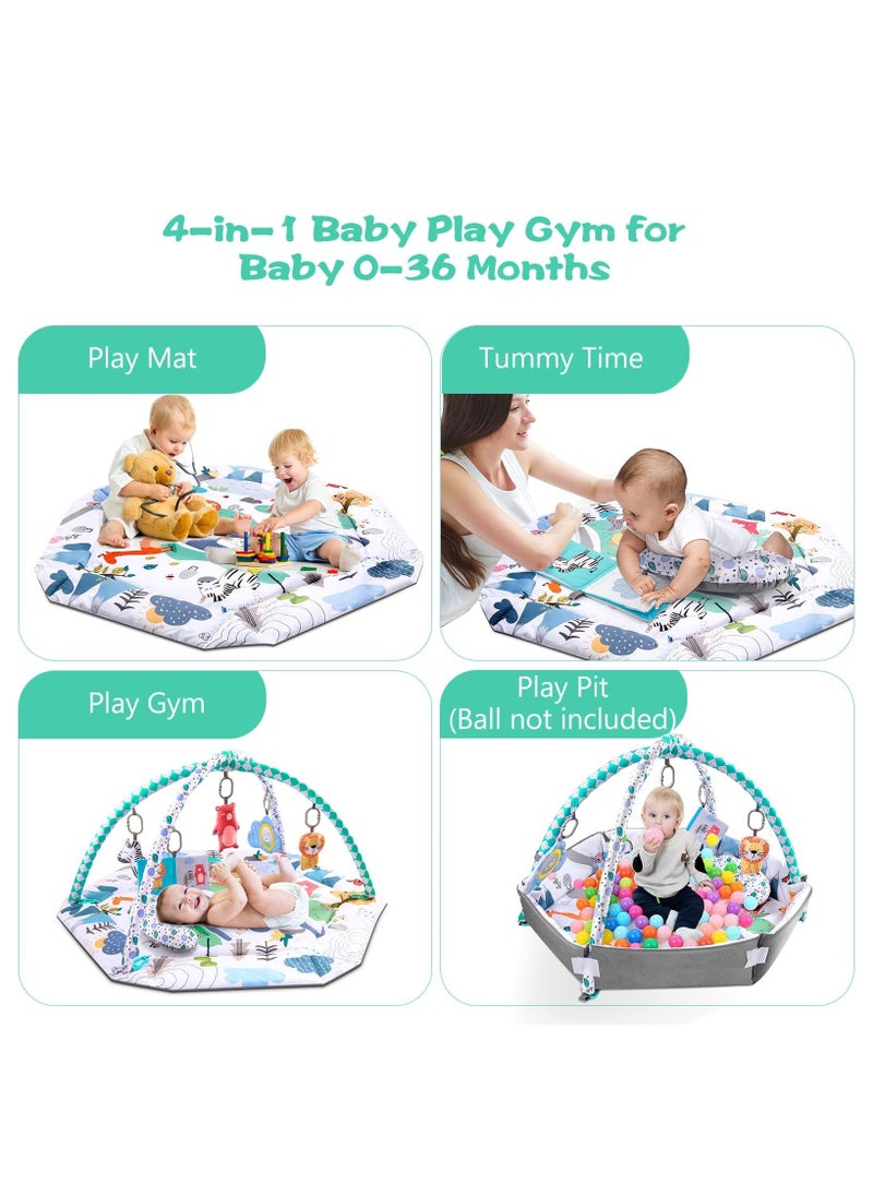 Tummy Time Mat, 10-in-1 Baby Gym Activity Play Mat & Ball Pit, with High Contrast Toys & Self-Discovery Mirror & Tummy Time Pillow for Sensory and Motor Skill Development