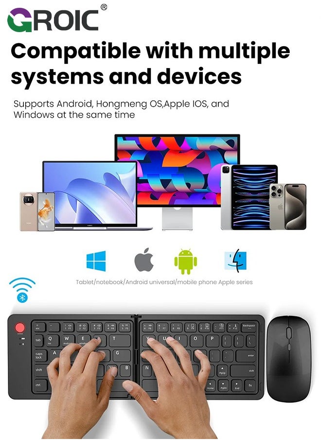 Foldable Bluetooth Keyboard and Mouse Combo, Rechargeable Wireless Ultra Slim Pocket Size, Compatible with iOS Windows Android, for Computer PC Laptop MacBook iPad iPhone Smartphone Tablet