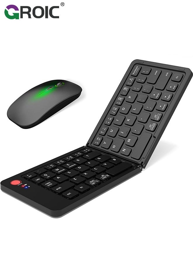 Foldable Bluetooth Keyboard and Mouse Combo, Rechargeable Wireless Ultra Slim Pocket Size, Compatible with iOS Windows Android, for Computer PC Laptop MacBook iPad iPhone Smartphone Tablet