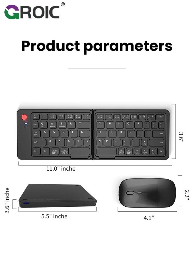 Foldable Bluetooth Keyboard and Mouse Combo, Rechargeable Wireless Ultra Slim Pocket Size, Compatible with iOS Windows Android, for Computer PC Laptop MacBook iPad iPhone Smartphone Tablet