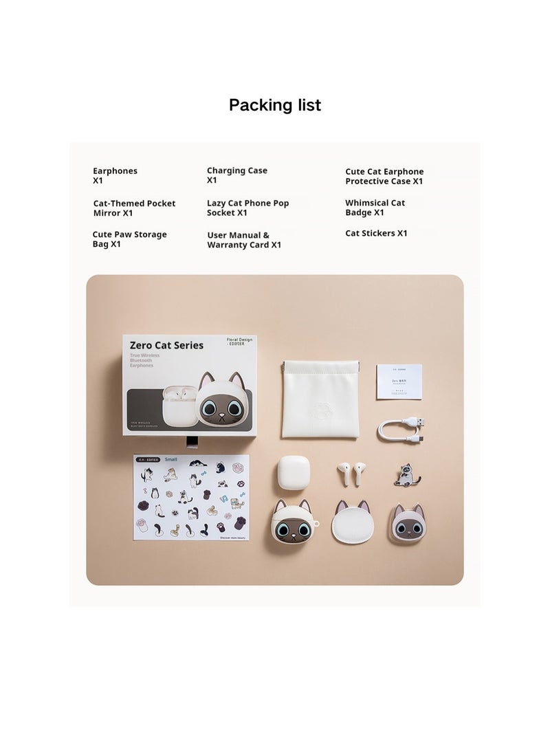 Zero CAT Earbuds Siamese Cat-Inspired Design with High-Quality Sound Bluetooth 5.3 Long Battery Life Waterproof AI Noise Reduction and Game Mode Perfect for Music Lovers and Fashion Enthusiasts White (Siamese cat)