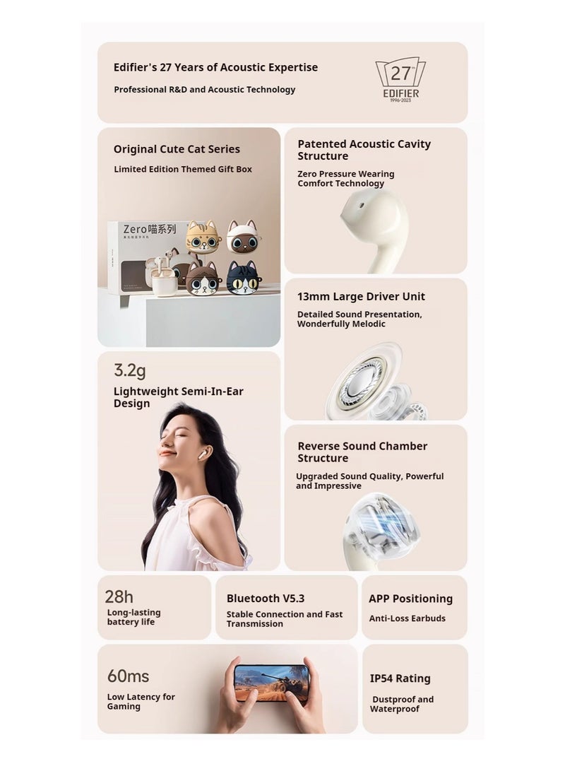 Zero CAT Earbuds Siamese Cat-Inspired Design with High-Quality Sound Bluetooth 5.3 Long Battery Life Waterproof AI Noise Reduction and Game Mode Perfect for Music Lovers and Fashion Enthusiasts White (Siamese cat)