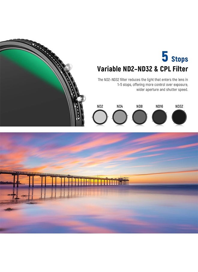 NEEWER 2 in 1 67mm Variable ND Filter ND2–ND32&CPL Filter(Circular Polarizer Filter) No X Cross/30 Layer Nano Coated/HD Optical Glass/Ultra Slim Aluminum Alloy Frame/Water Repellent/Scratch Resistant