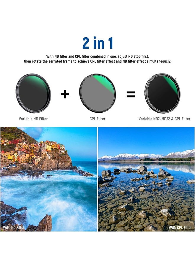 NEEWER 2 in 1 67mm Variable ND Filter ND2–ND32&CPL Filter(Circular Polarizer Filter) No X Cross/30 Layer Nano Coated/HD Optical Glass/Ultra Slim Aluminum Alloy Frame/Water Repellent/Scratch Resistant