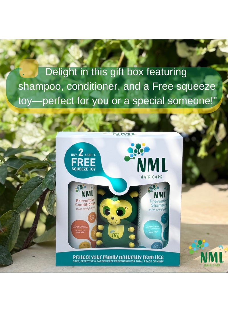 NML Hair Care Anti-Lice Prevention Set, Shampoo and Conditioner 300ml Each with Free Squeeze Toy