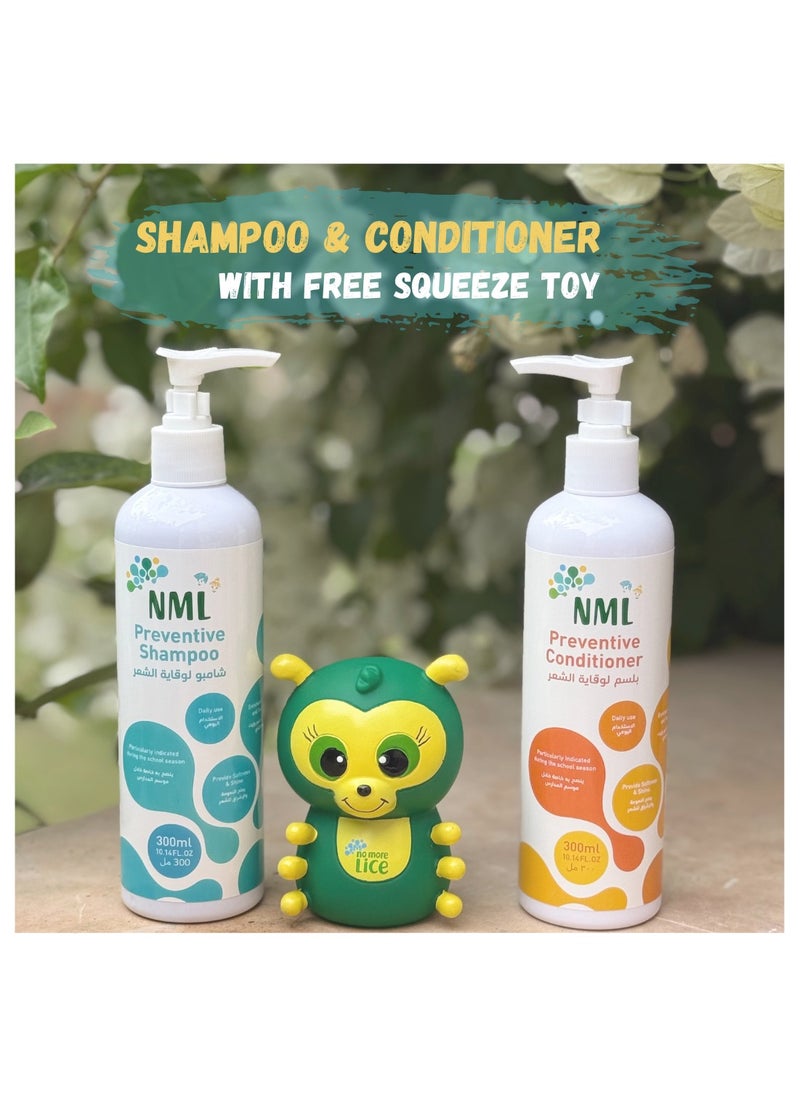 NML Hair Care Anti-Lice Prevention Set, Shampoo and Conditioner 300ml Each with Free Squeeze Toy