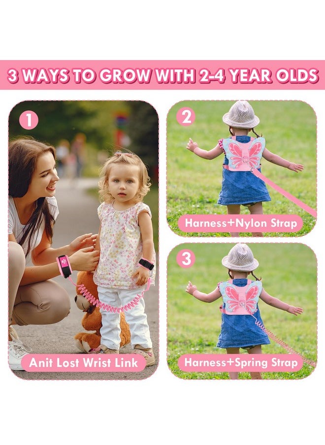 Toddlers Leash For Walking + Key Lock Design Anti Lost Wrist Link, 3 In 1 Baby Leash Kids Wrist Link For Toddlers, Safety Harness Belt Strap Wristband (Pink Butterfly Girls Leash)
