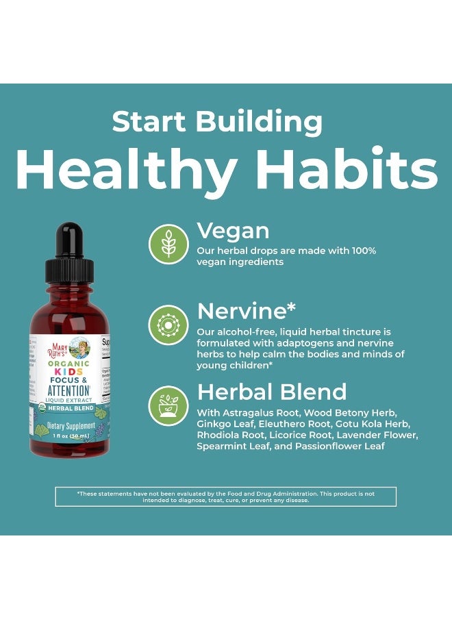 Kids Focus Support Supplement by MaryRuth's, Natural Brain Support Vitamin, Adrenal Complex with Astragalus Root, Gingko Leaf & Wood Betony Herb, 1 Month Supply, 1 Fl Oz