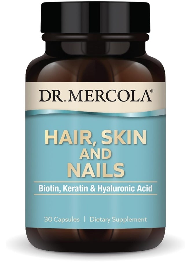 Dr. Mercola Hair, Skin and Nails, 30 Servings (30 Capsules), with Biotin, Keratin & Hyaluronic Acid, Dietary Supplement, Promotes Youthful Appearance, Non-GMO