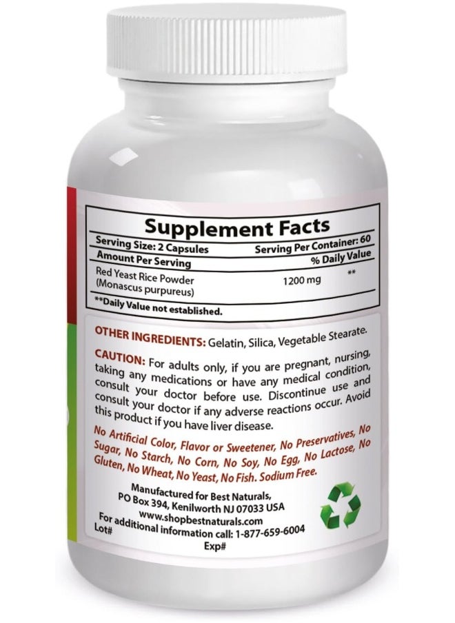 Best Naturals, Red Yeast Rice, 600 mg capsules, 120 Capsules, 2 capsules per serving/1200mg per serving