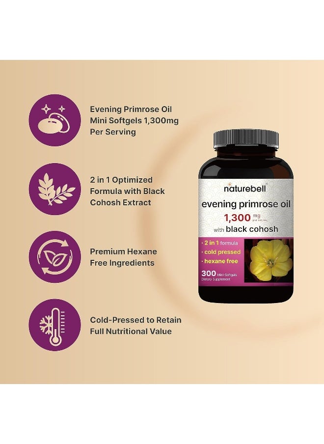 NatureBell Evening Primrose Oil with Black Cohosh, 1,300mg Per Serving, 300 Mini-Softgels