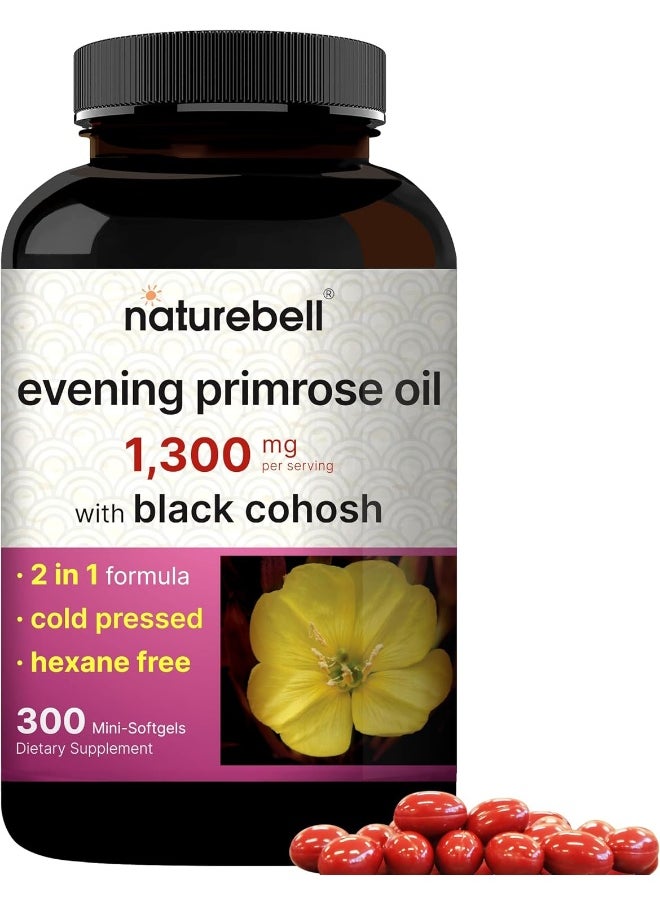NatureBell Evening Primrose Oil with Black Cohosh, 1,300mg Per Serving, 300 Mini-Softgels
