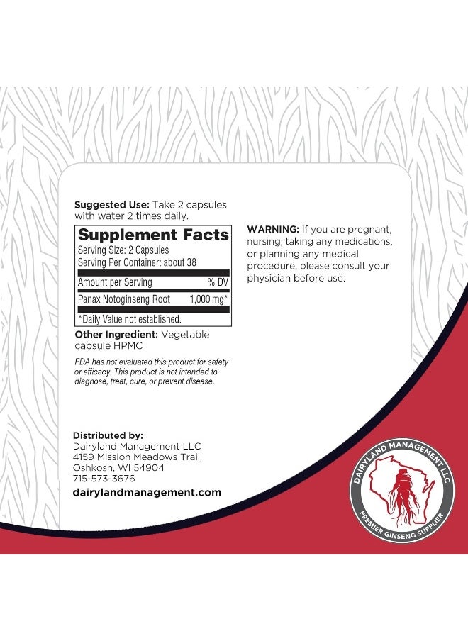 Dairyland Management LLC Tienchi Ginseng, Notoginseng, Capsule 500mg Potent Ground Ginseng Root - No Fillers, Binders or Other Additives