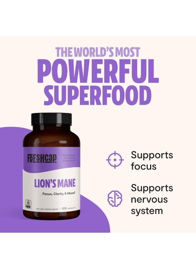 FreshCap Lion's Mane Mushroom Supplement - Natural Nootropic for Brain Health, Cognition and Mood- Two Month Supply (120 Capsules) - Organic and Dual Extracted 1000 mg