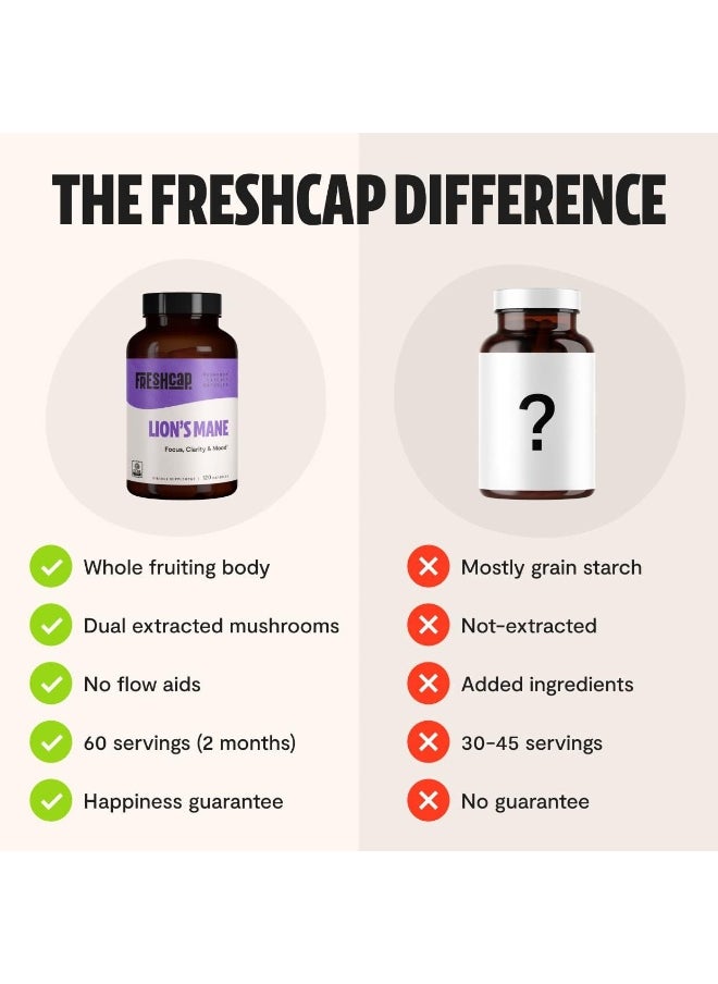 FreshCap Lion's Mane Mushroom Supplement - Natural Nootropic for Brain Health, Cognition and Mood- Two Month Supply (120 Capsules) - Organic and Dual Extracted 1000 mg