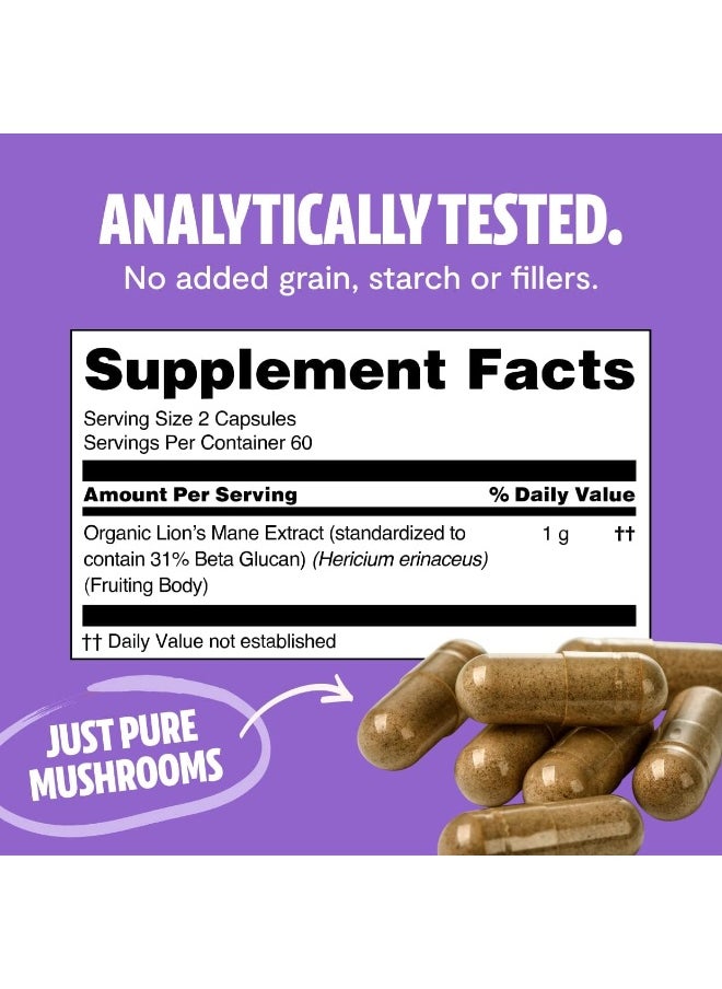 FreshCap Lion's Mane Mushroom Supplement - Natural Nootropic for Brain Health, Cognition and Mood- Two Month Supply (120 Capsules) - Organic and Dual Extracted 1000 mg